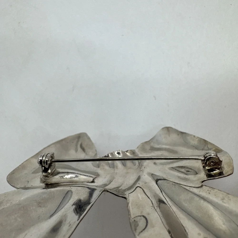 Bow‎ Brooch Pin Vintage Silver Tone 2.5
